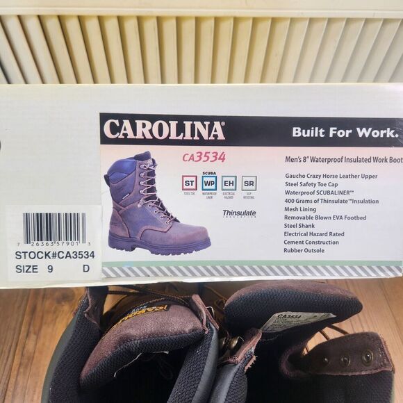 Carolina 8" Waterproof Insulated Work Boots Mens Sz 9 D Brown Leather Steel Toe - Picture 12 of 12